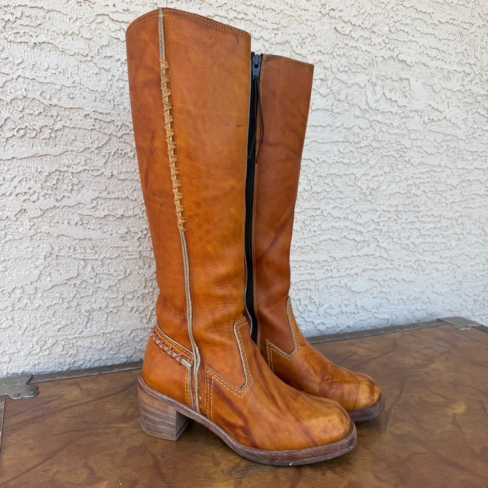 Vintage 70s Zodiac Campus Boots Womens 7M Brown Leather Knee High Zip Whipstich